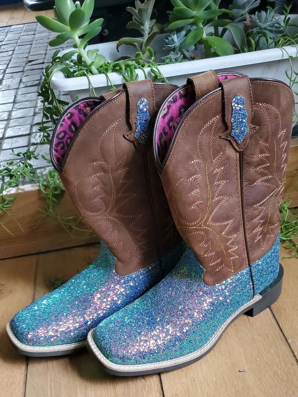 Girls' Brown Leather & Teal Glitter Cowboy Boots